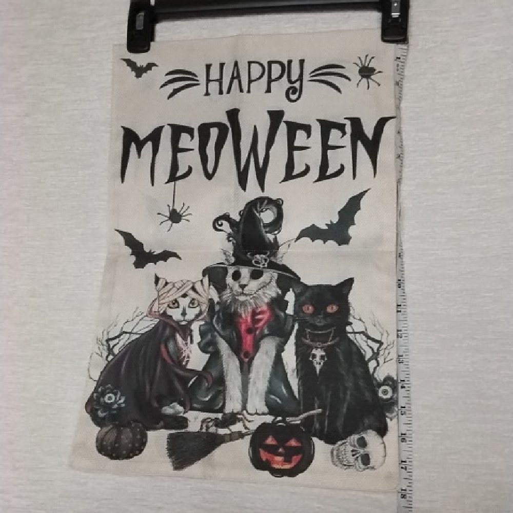 Garden Flag Happy Meoween Halloween  Tapestry Indoor Outdoor 12" By 18" Burlap